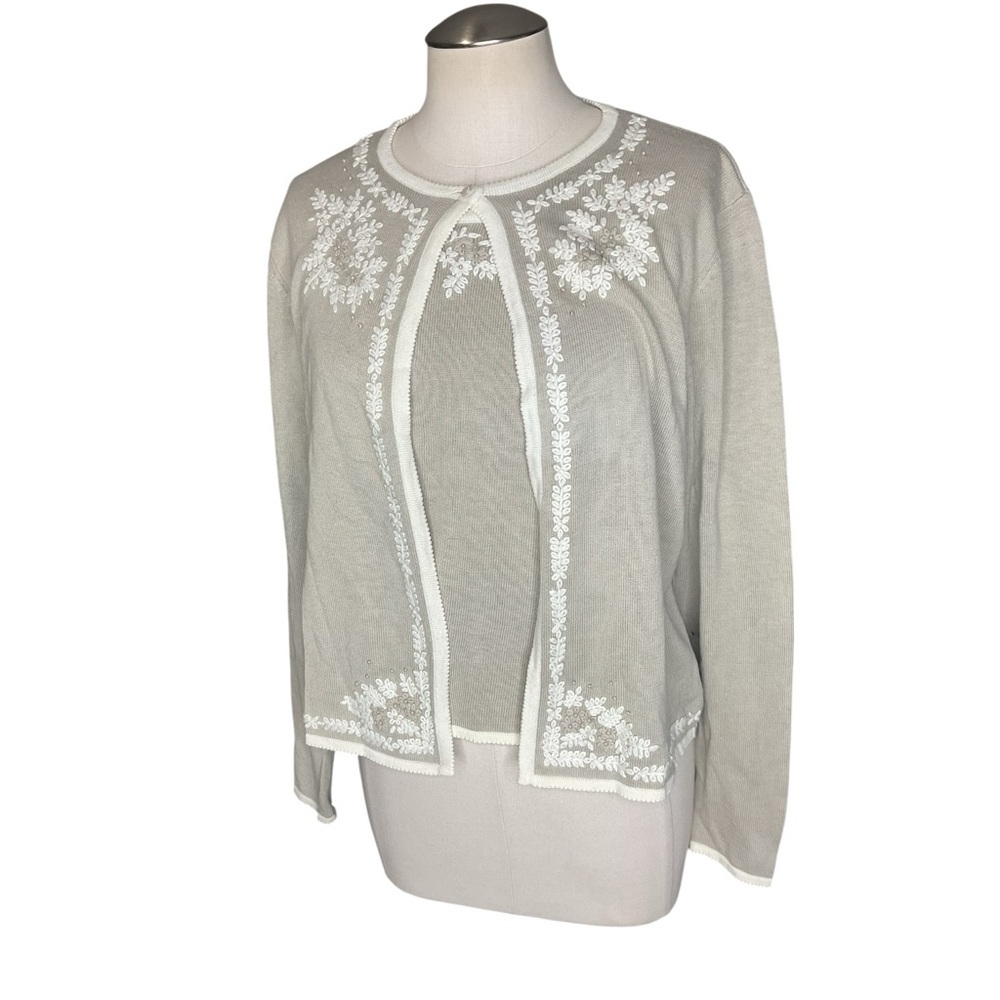 Claudia D Embroidered Cardigan Taupe Cream Sheer Knit Sweater